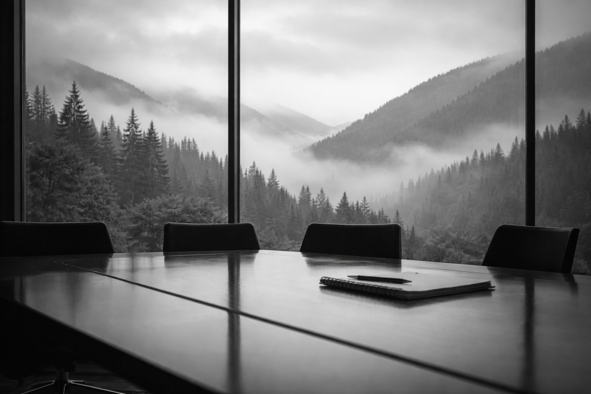 Black and white landscape seen from an empty office window, with an open horizon and subtle contrast.