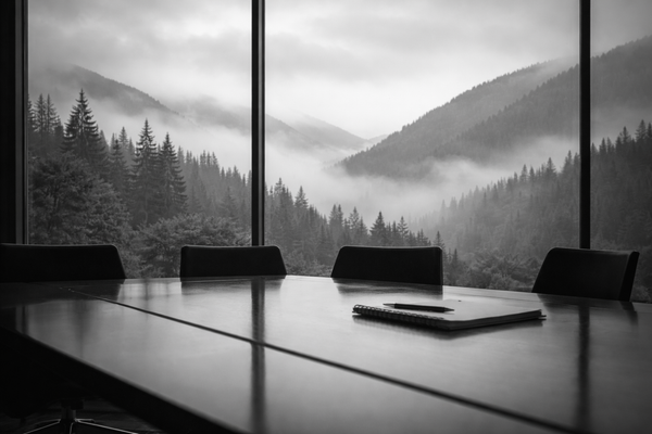 Black and white landscape seen from an empty office window, with an open horizon and subtle contrast.