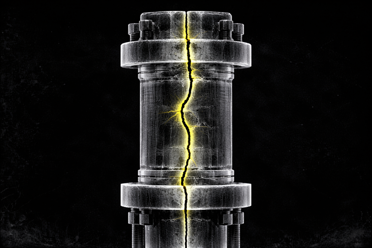X-ray–style image of a mechanical joint on a dark background, showing internal metal layers and a single vertical fracture glowing in acid yellow
