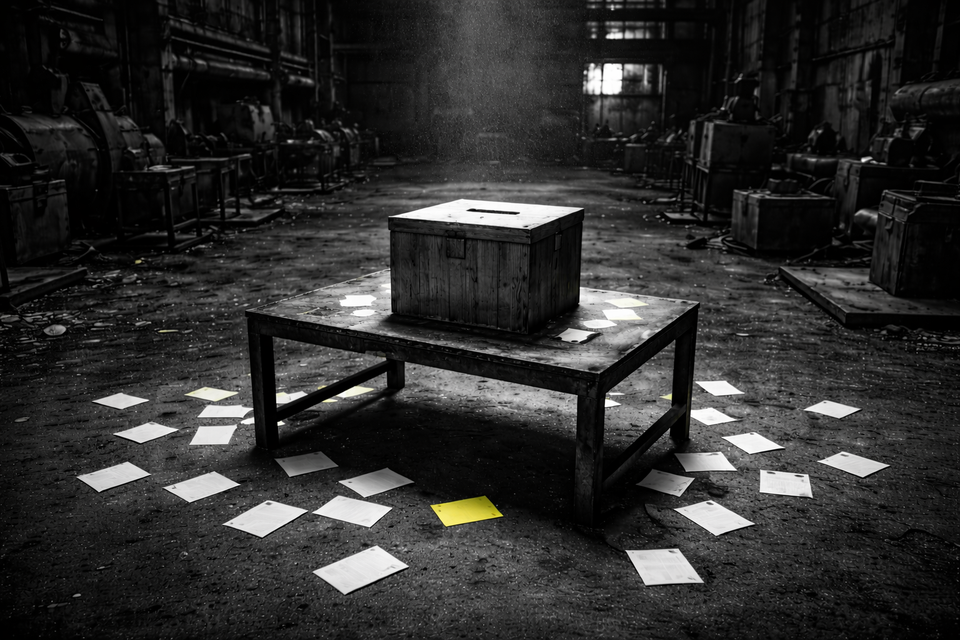 Empty factory floor with wooden ballot box on metal table, paper slips scattered on ground, black and white industrial photography